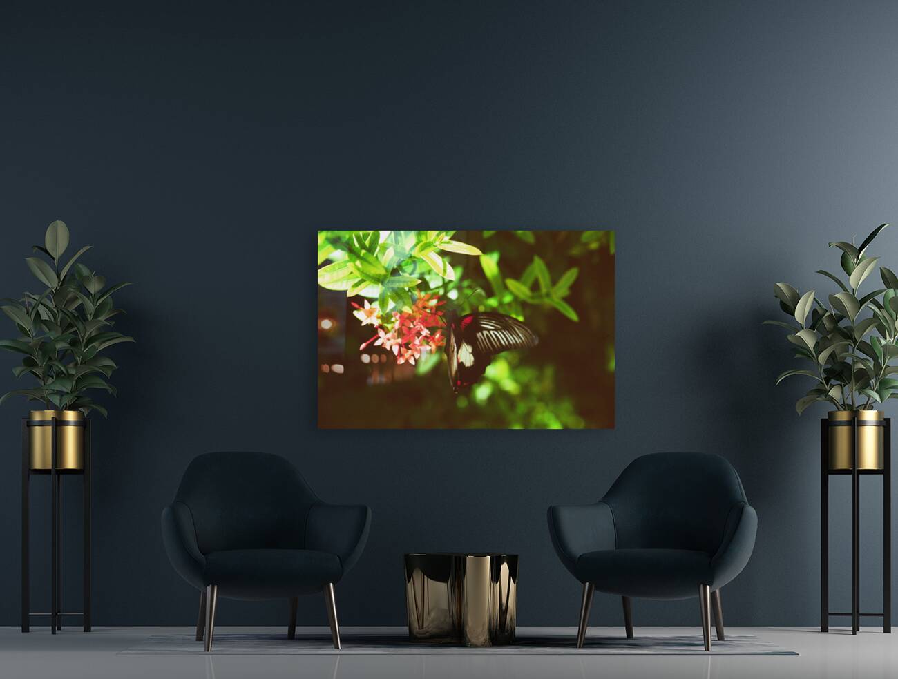 Black butterfly amongst the flowers Reproduction